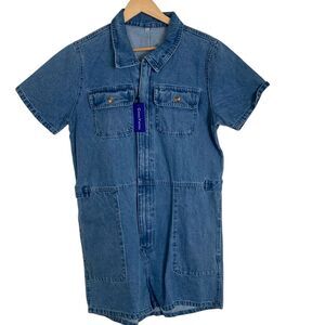 Chou Yatou Womens Zip Front Denim Boxy Romper Jumpsuit Size XL Light‎ Wash